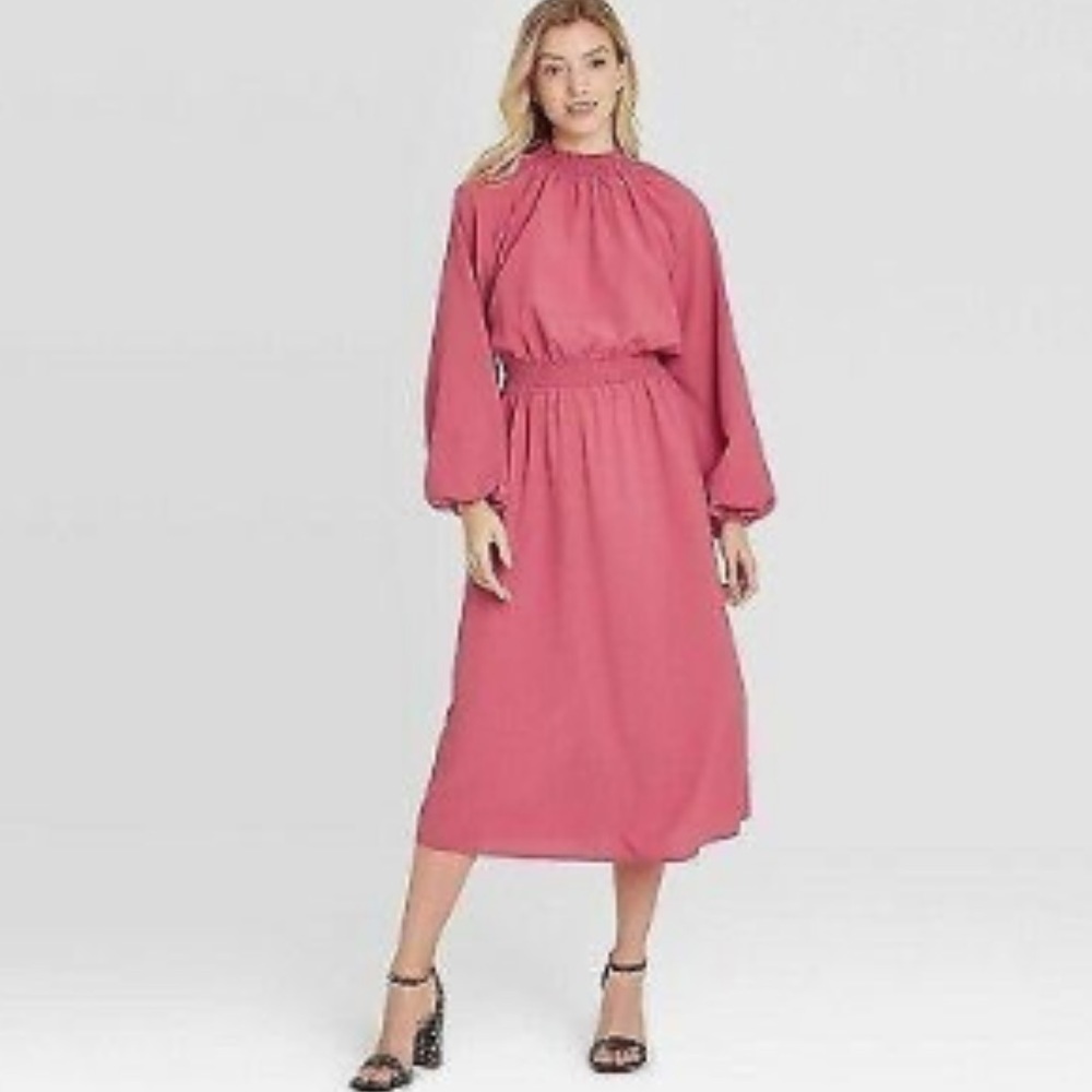 A New Day light weight size medium balloon long sleeve smocked midi dress rose